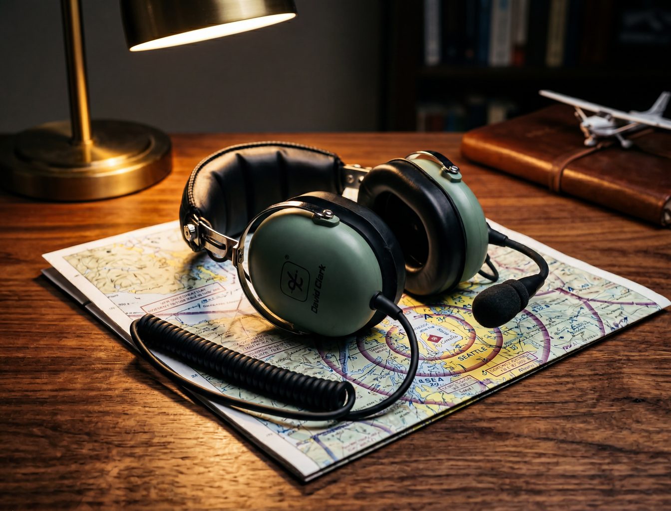 An aviation headset resting on a sectional chart