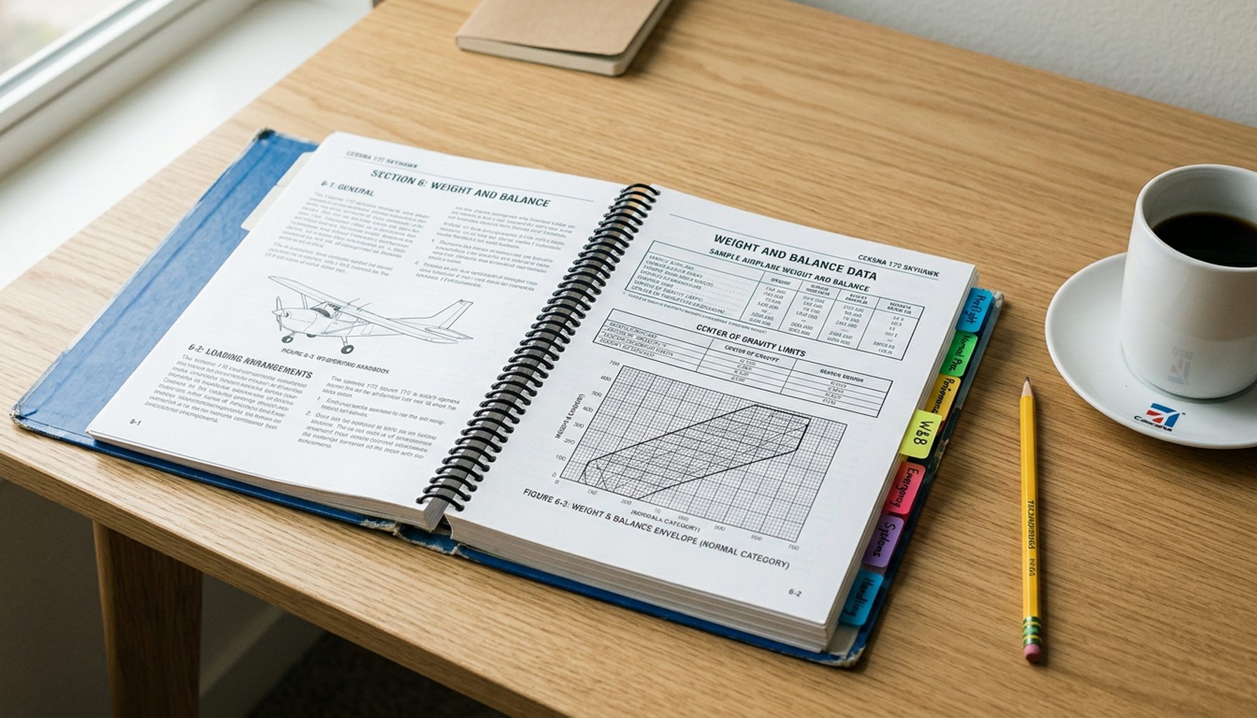 A Cessna 172 Pilot's Operating Handbook open to the weight and balance section