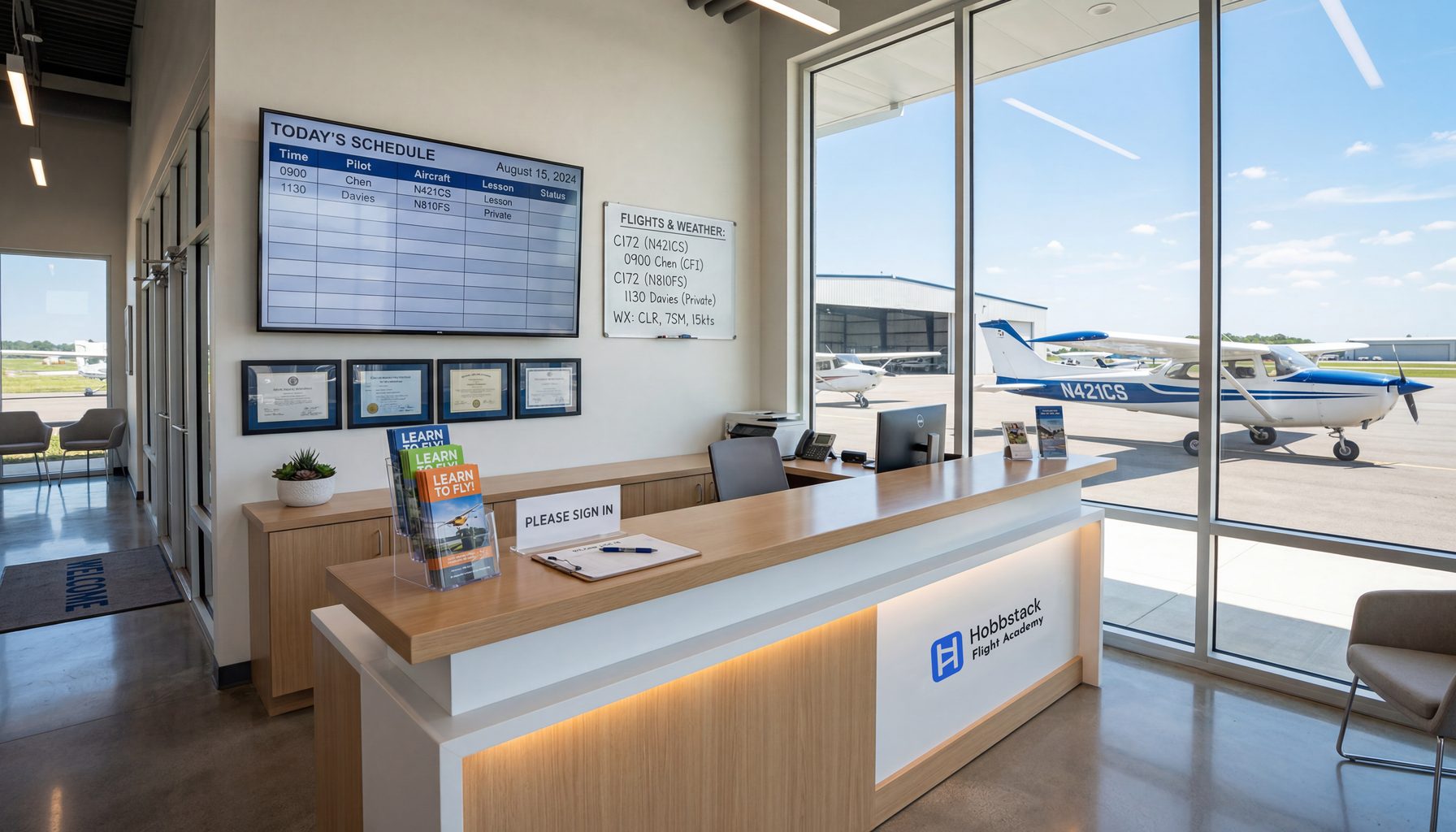 A modern flight school front desk with schedule board and planes on the ramp
